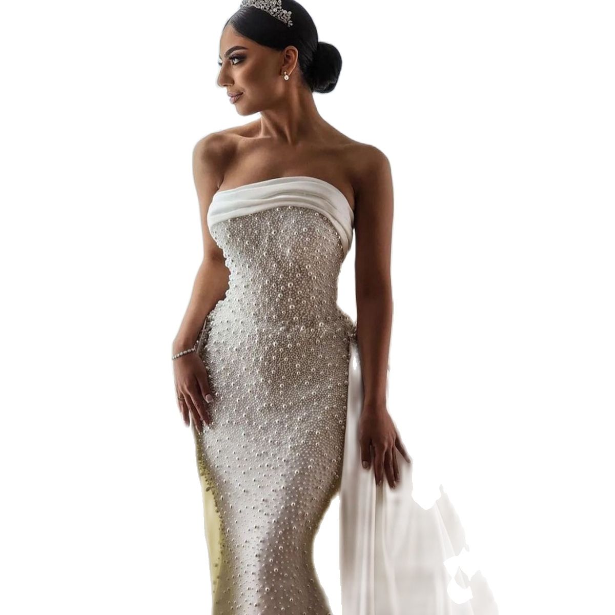 Full Beading Mermaid Wedding Dresses Satin Pearls Strapless Sexy Backless Bride Dress With Big Bow Detachable Train Bridal Gowns 0505