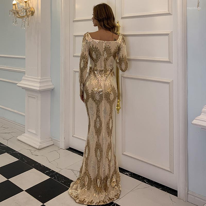 Casual Dresses Women Winter Sexy Slash Neck Long Sleeve Floral Sparkly Sequins Luxury Celebrity Bodycon Evening Party Dress Gold
