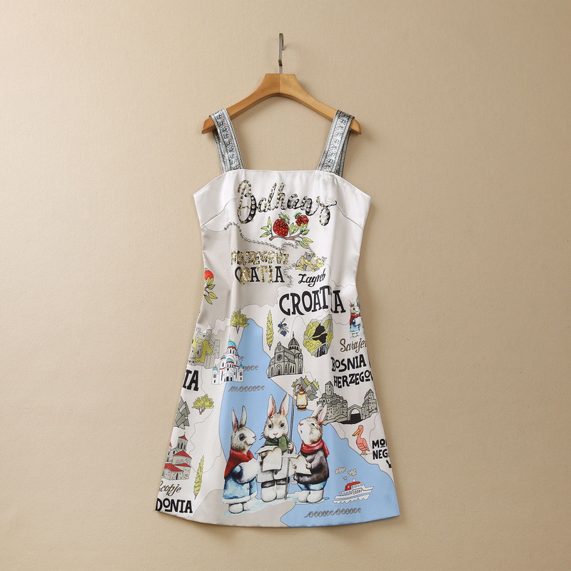 2023 Summer Gray Rabbits Print Rhinestone Sequins Dress Spaghetti Strap Square Neck Short Casual Dresses S3M120309