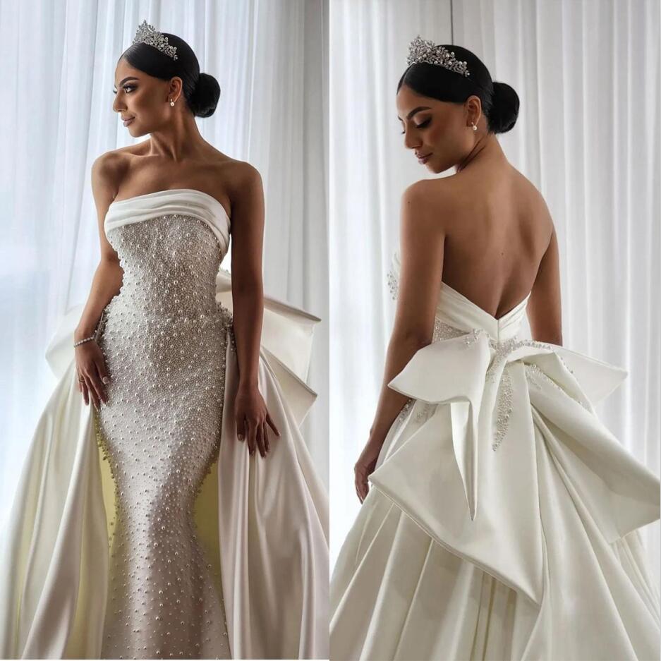 Full Beading Mermaid Wedding Dresses Satin Pearls Strapless Sexy Backless Bride Dress With Big Bow Detachable Train Bridal Gowns 0505