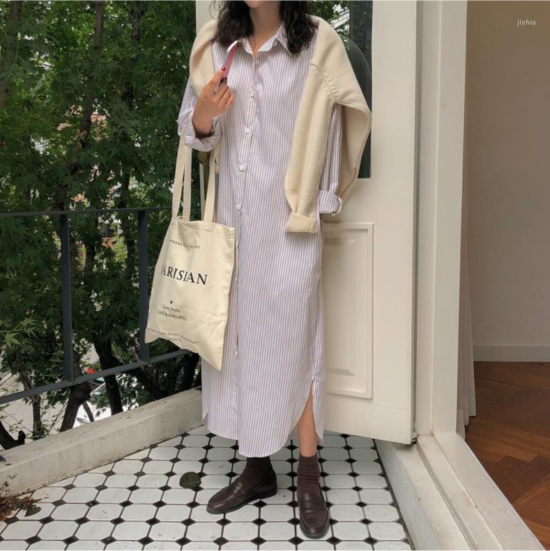 Casual Dresses Loose Classic Vertical Stripe Long Shirt Dress Maxi Sleeve Polo Neck Women Autumn Single Breasted 2024 Work Clothes