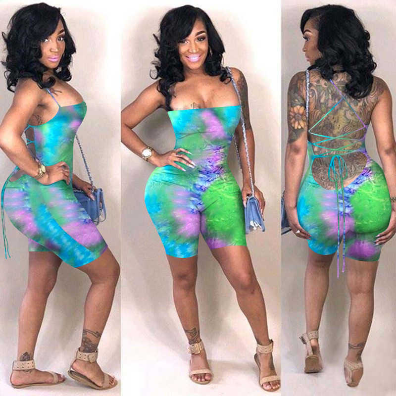 women jumpsuit 2023 summer Tie-dye solid color backless sexy women's open-back strapping tights nightclub clubwear jumpsuits amp rompers