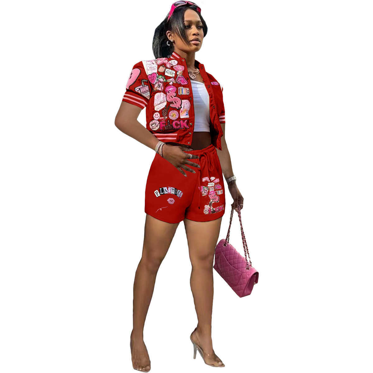 2023 Fashion Womens Tracksuits 2 Piece Shorts Sets Casual Printed Baseball Jacket Suit Short Sleeve Outfits Casual Active Sportswear