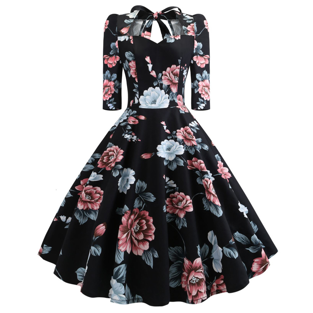 Party Dresses Sexy Sweetheart Neck Vintage Women Dress Pin up Swing Floral Half Sleeves Bowknot Vestidos Evening Party Rockabilly Retro Dress 230314