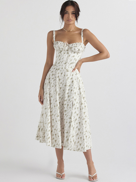 Party Dresses Karlofea Elegant Vintage Print Floral Midi Dresses Sexy Back Lace Up Robe Fashion Farm Party Clothing Women's Summer Long Dress 230