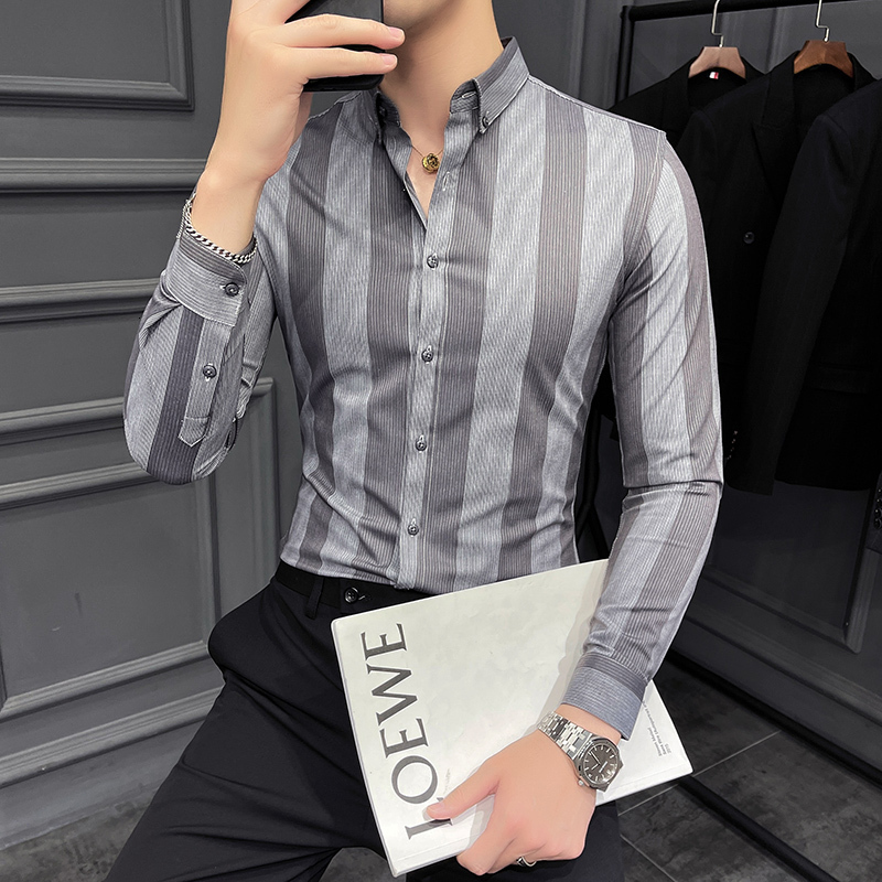 Men's Casual Shirts Spring Highend Striped Long Sleeved Shirt Men Korean Slim Fit Business Dress Shirt Men Streetwear Social Party Shirt M-4XL 23