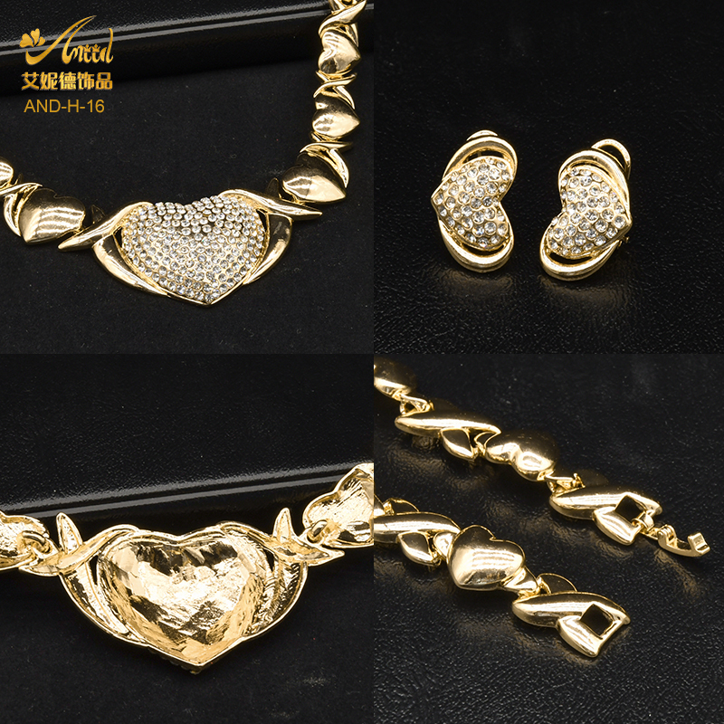Wedding Jewelry Sets ANIID Dubai Gold Plated Jewelry Necklace Set Wedding Bride Women Nigerian XOXO Heart Crystal Bracelets And Earrings Ring 230313
