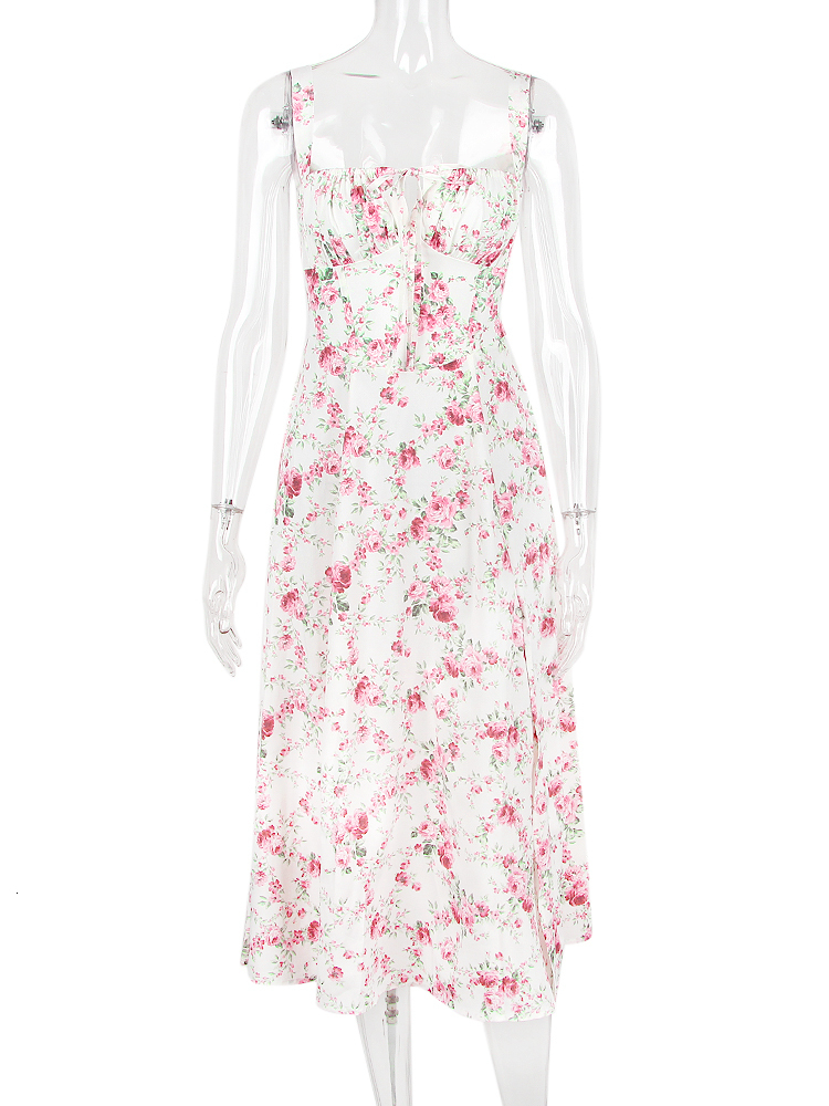 Party Dresses Karlofea Elegant Vintage Print Floral Midi Dresses Sexy Back Lace Up Robe Fashion Farm Party Clothing Women's Summer Long Dress 230