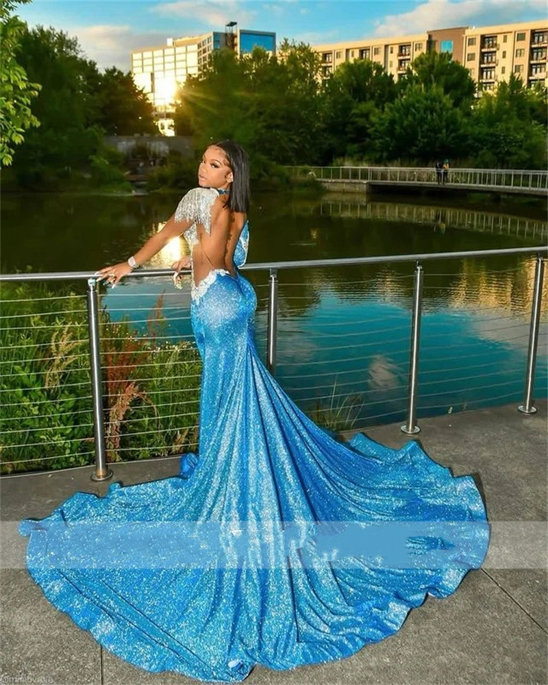 Charming Lake Blue Long Prom Dresses For Black Girls Beaded Appliques Birthday Party Dress Mermaid Evening Gown Robe De Soiree