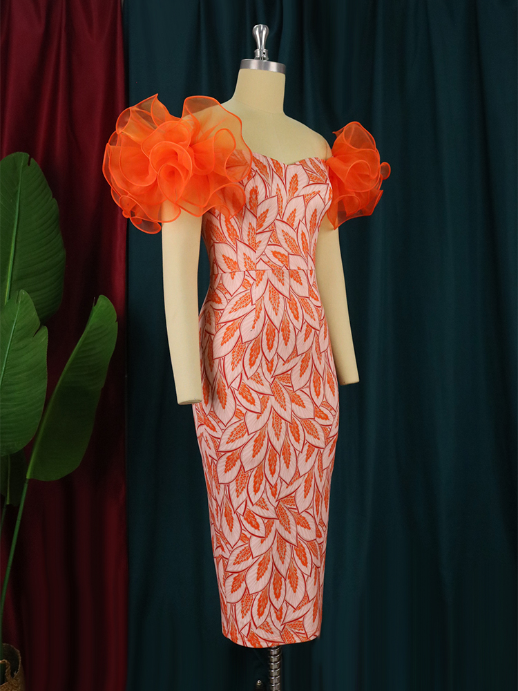 Party Dresses AOMEI Women Party Dress Print Off Shoulder Tulle Flower Contrast Sleeves Midi Bodyton 4XL African Events Night Out Wedding Guest 230314