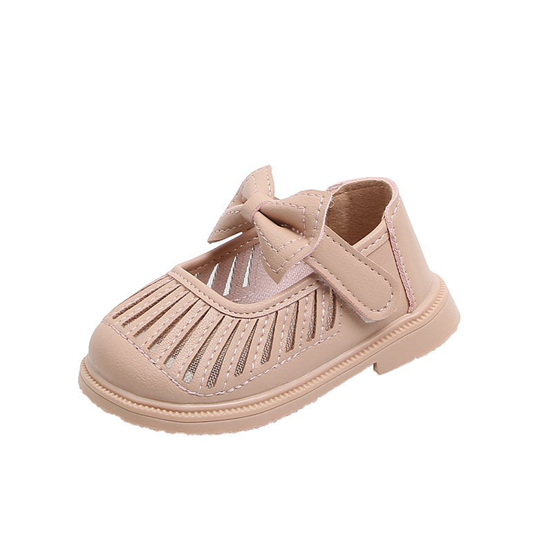 First Walkers Baby Girls Walking Shoes Hollowed-out Solid Color Bow PU Lovely Breathable Shallow Kids Leather Shoes Children Flats 230314