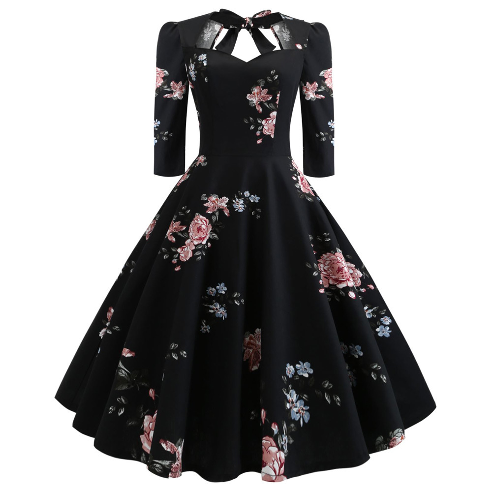 Party Dresses Sexy Sweetheart Neck Vintage Women Dress Pin up Swing Floral Half Sleeves Bowknot Vestidos Evening Party Rockabilly Retro Dress 230314