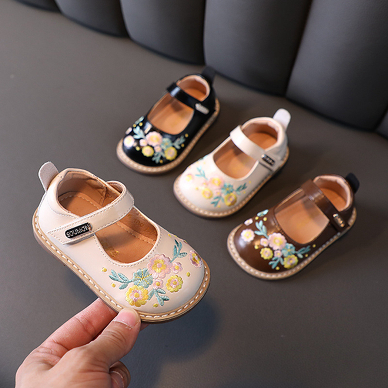 First Walkers 12-15.5cm Embroidered Flowers Fashion Kids Leather Shoes Spring Kids Shoes For Girls Soft Princess Shoes For Toddler Party 230314