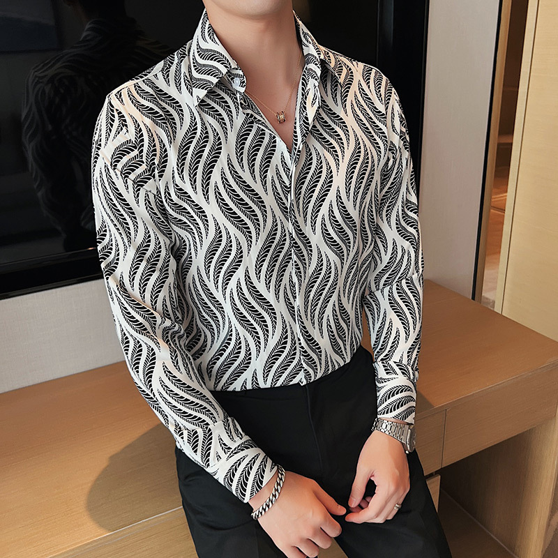 Men's Casual Shirts Black/White Autumn Long Sleeve Floral Shirt For Men Clothing Simple Slim Fit Casual Club/Prom Tuxedo Camisas De Hombre 230314