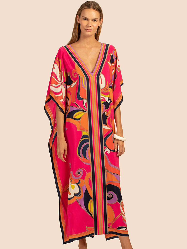 Shawls Bohemian Dress Print Beach Cover up Pareos de Playa Mujer Over size Swimsuit Cover up Robe Plage Kaftan Tunic Maxi Dress 230314