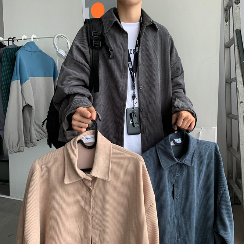 Men's Casual Shirts Khaki Corduroy Men Shirts Fashion Korean Oversized Baggy Tops Spring Autumn Cardigan Long Sleeve Blouse Vintage Male Y2K Clot