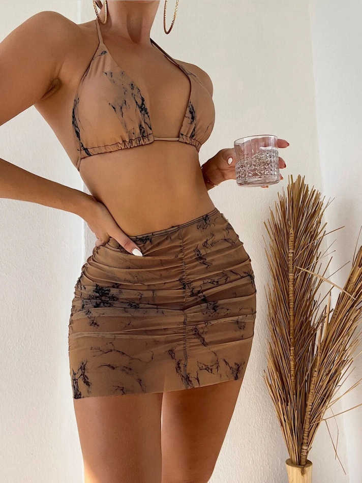women swimsuit wind stone three piece set bikini bottoms short skirt split swimsuit bikini beach cover dresses