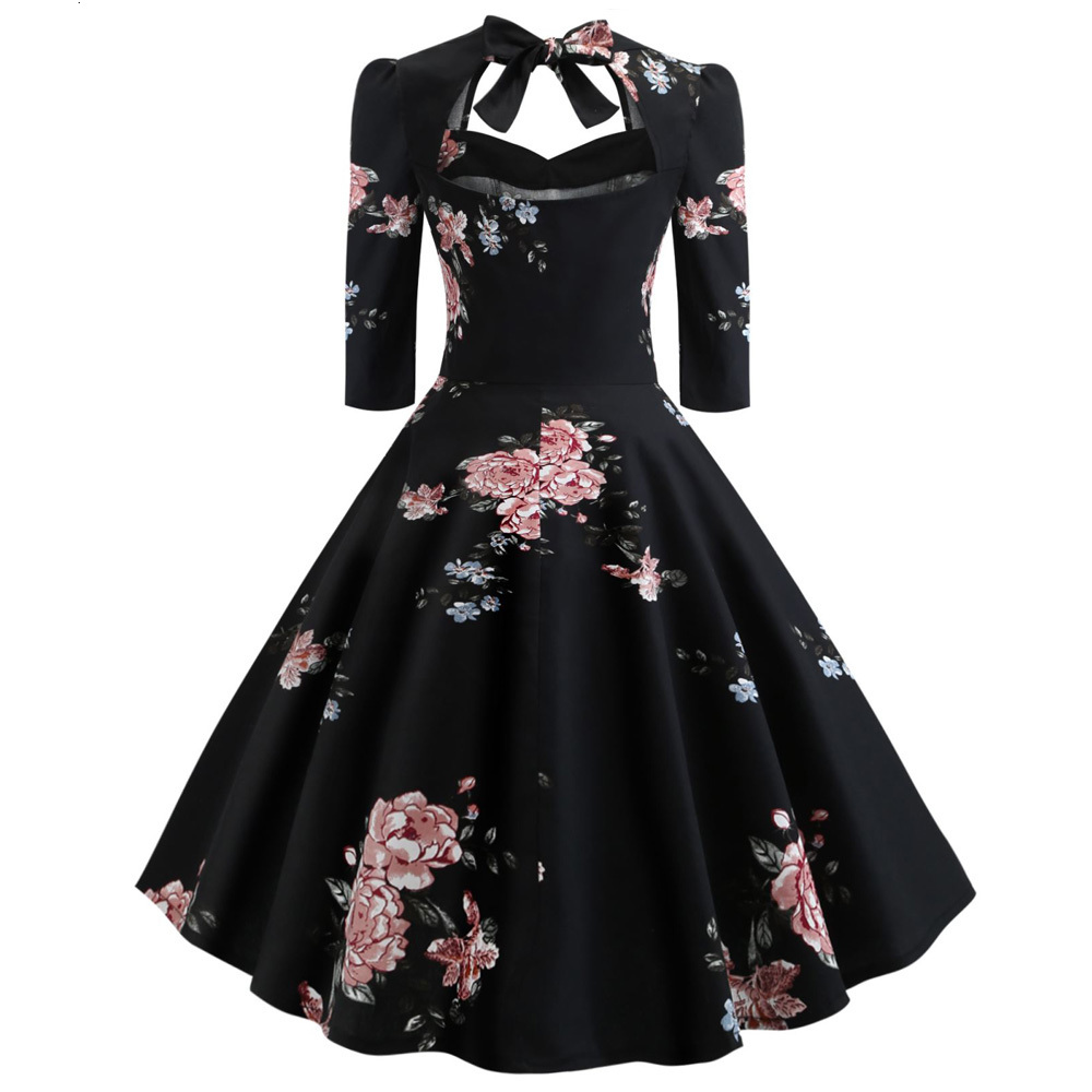 Party Dresses Sexy Sweetheart Neck Vintage Women Dress Pin up Swing Floral Half Sleeves Bowknot Vestidos Evening Party Rockabilly Retro Dress 230314
