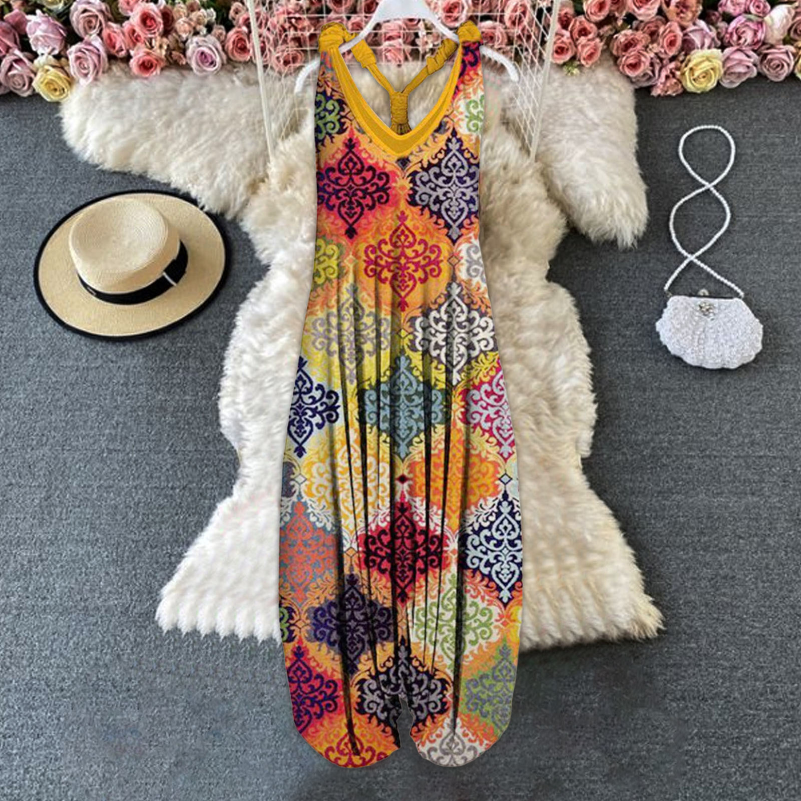 Women's Jumpsuits Rompers Vintage Womens Summer Playsuit Romper Jumpsuit Ladies Sleeveless Casual Floral Print Elegant High Waist Jumpsuits 23031