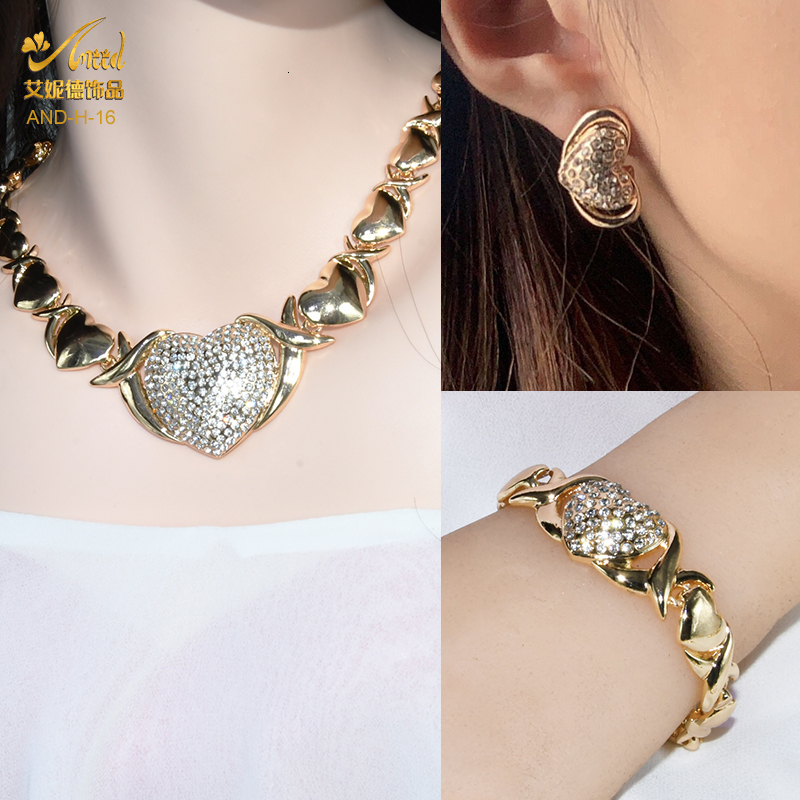 Wedding Jewelry Sets ANIID Dubai Gold Plated Jewelry Necklace Set Wedding Bride Women Nigerian XOXO Heart Crystal Bracelets And Earrings Ring 230313