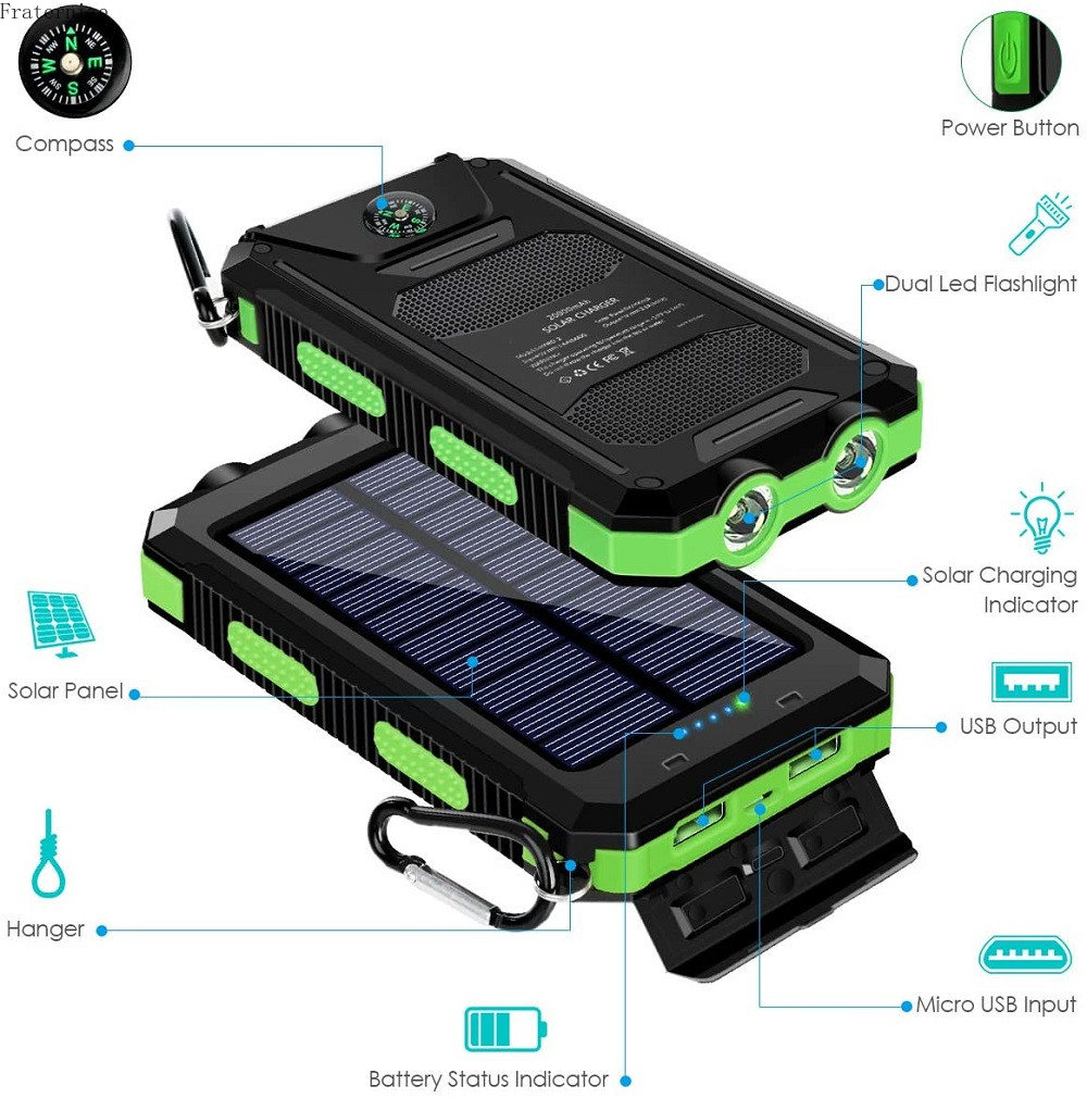 Portable Solar Power Bank Powerful Charging Powerbank External Battery Charger Strong Light LDE Light for All Smartphones 30000mah