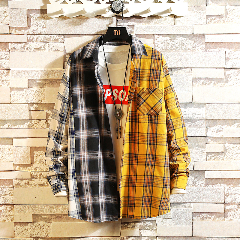 Men's Casual Shirts Plaid Contrast Colour Casual Loose Shirt Fashion Patchwork Long Sleeve Casual Shirt Hip Hop Street Clothing Men's Shirt 