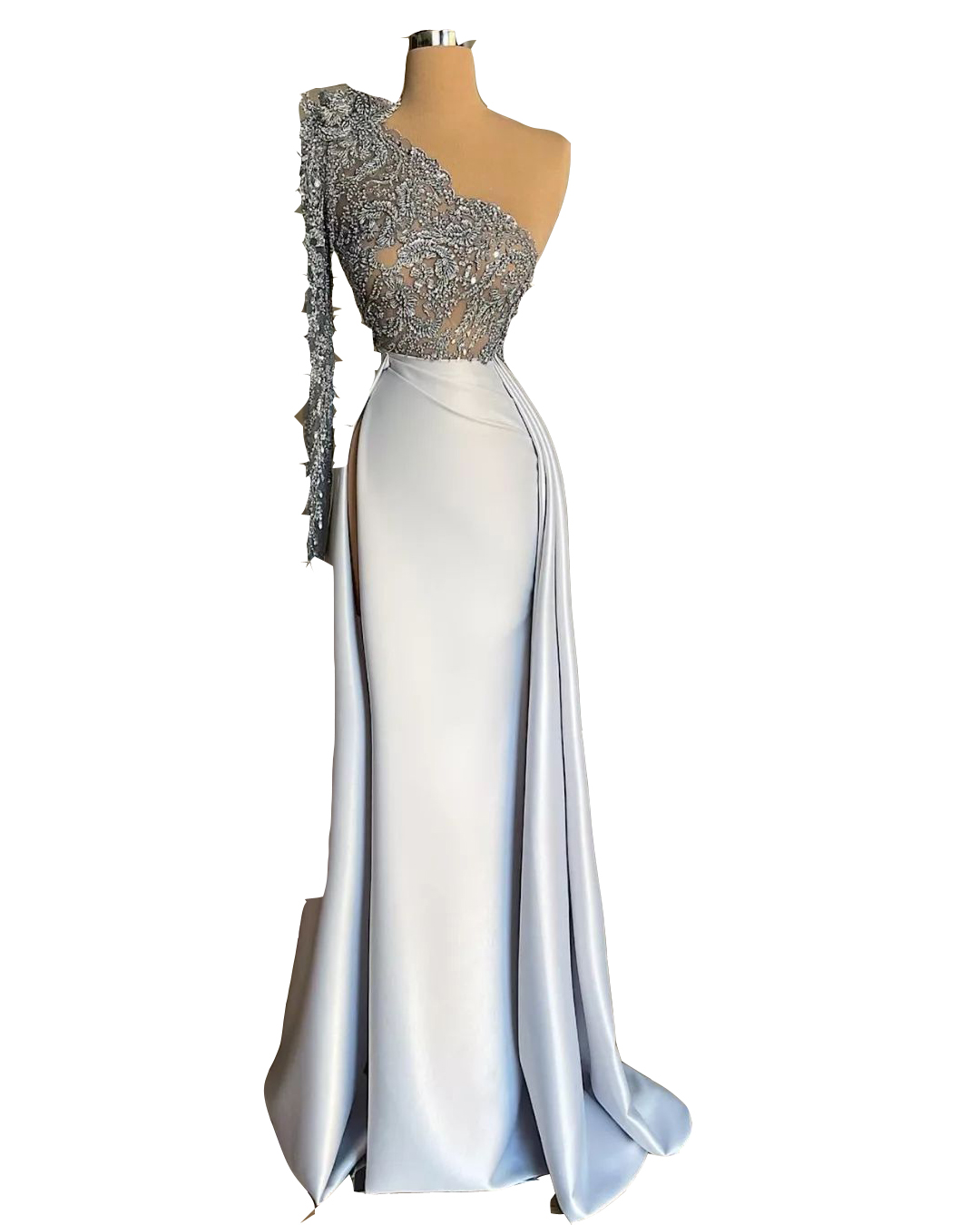 Prom 2023 Dresses Sier Gray Side Split Sheath Overskirt Evening Gowns Lace Crystal Beads One Shoulder Long Sleeve or Length Satin Special Ocn Formal W