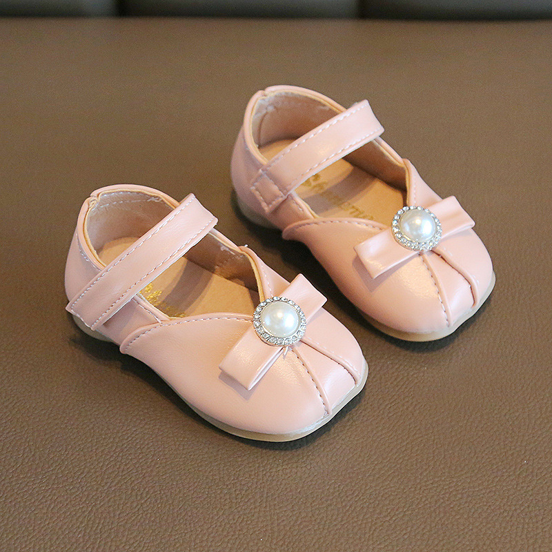 First Walkers Spring Autumn 0-3Y Kids Girls Leather Shoes with Bow Pearls Beading Princess Cute Soft Children Flats Baby Prewalker Shoes 230314