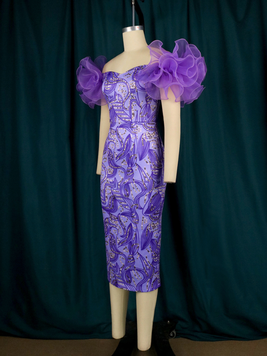 Party Dresses AOMEI Women Party Dress Print Off Shoulder Tulle Flower Contrast Sleeves Midi Bodyton 4XL African Events Night Out Wedding Guest 230314