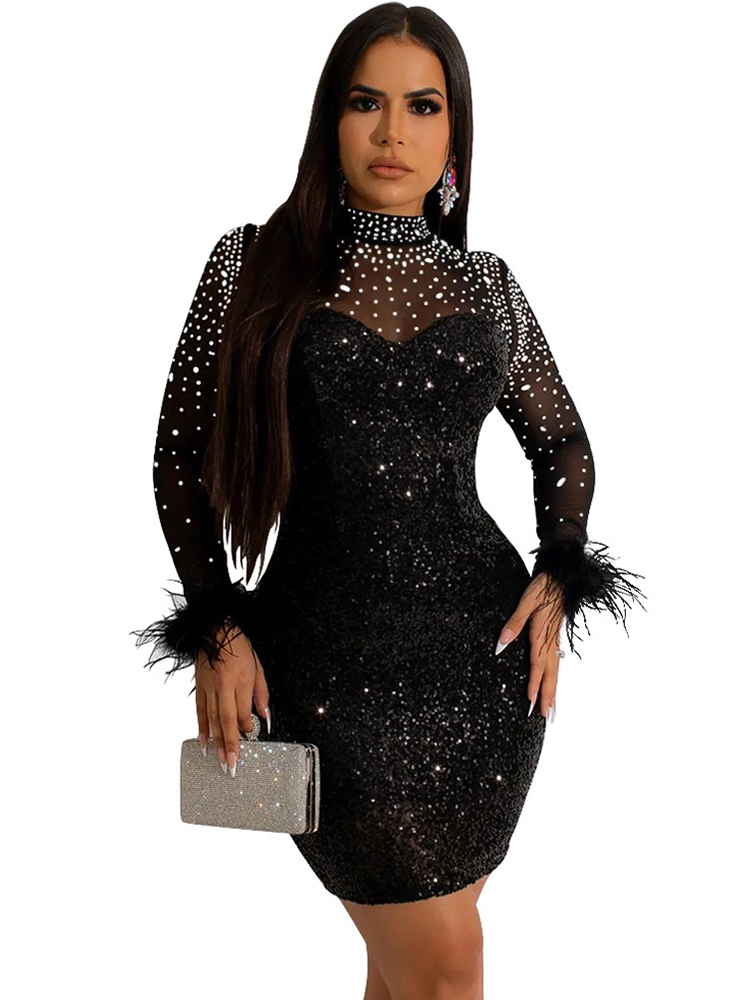 Party Dresses Sexy Mesh Sequin Feather Prom Mini Dresses See Through Night Club Outfits Party Sexy Clubwear Diamond Short Dress 230314