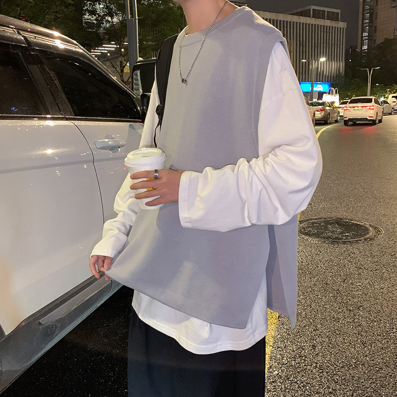 Men s Vests Men O neck Sweater Vest Side split Fashionable Solid Sleeveless Sweaters Casual Preppy Style Couple Spring Autumn Loose Knitwear 230313