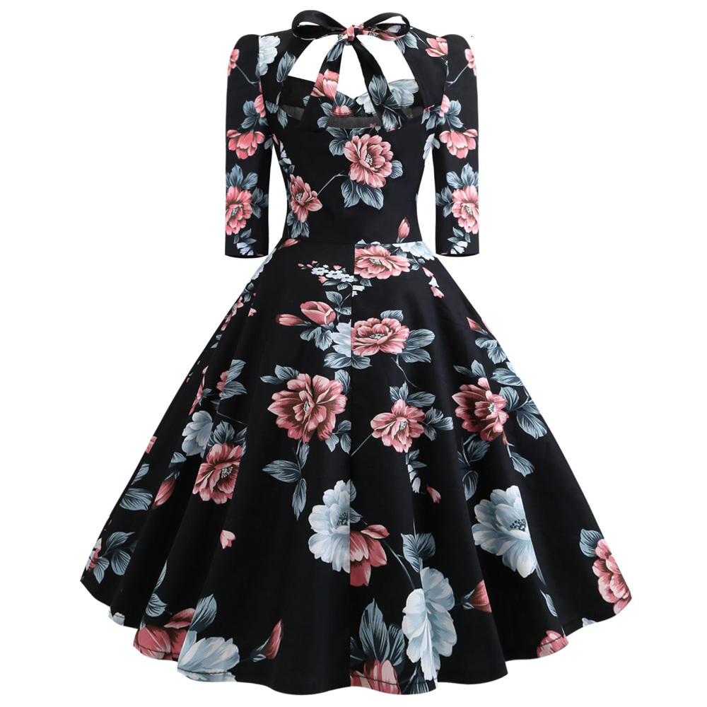Party Dresses Sexy Sweetheart Neck Vintage Women Dress Pin up Swing Floral Half Sleeves Bowknot Vestidos Evening Party Rockabilly Retro Dress 230314