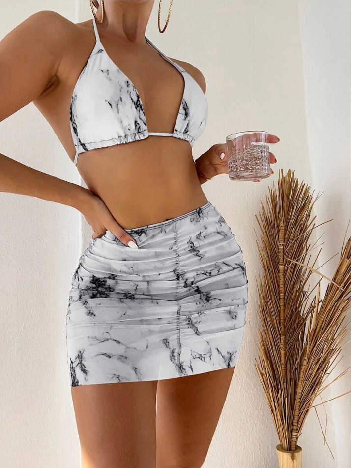 women swimsuit wind stone three piece set bikini bottoms short skirt split swimsuit bikini beach cover dresses