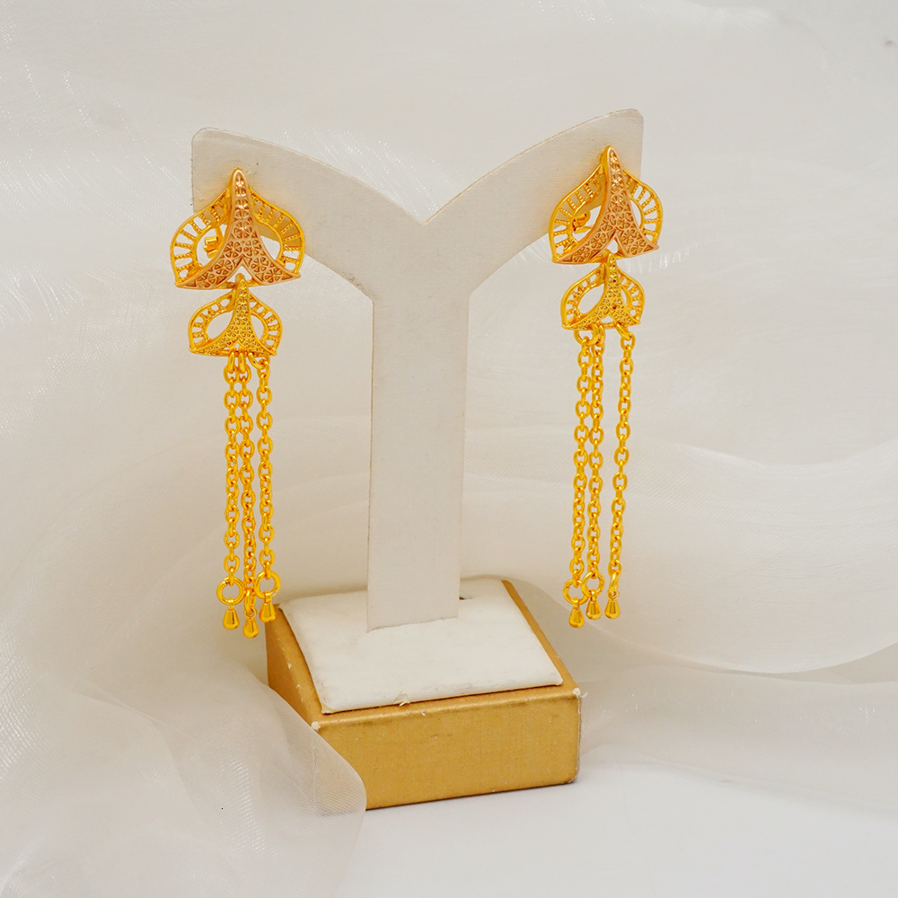 Wedding Jewelry Sets Trendy Nigerian Dubai Gold Color Jewelry Set For Women Tassel Long Chain Bridal Long Necklace Bracelet Earring Ring Wedding Sets 