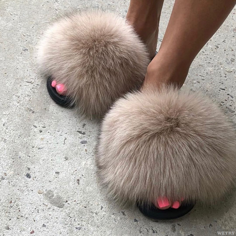 Slippers Summer Fur Fluffy Cute Plush Ladies Flip Flops Charming Home Outdoor Non-Slip Wear-Resistant Flat Sandals 230314