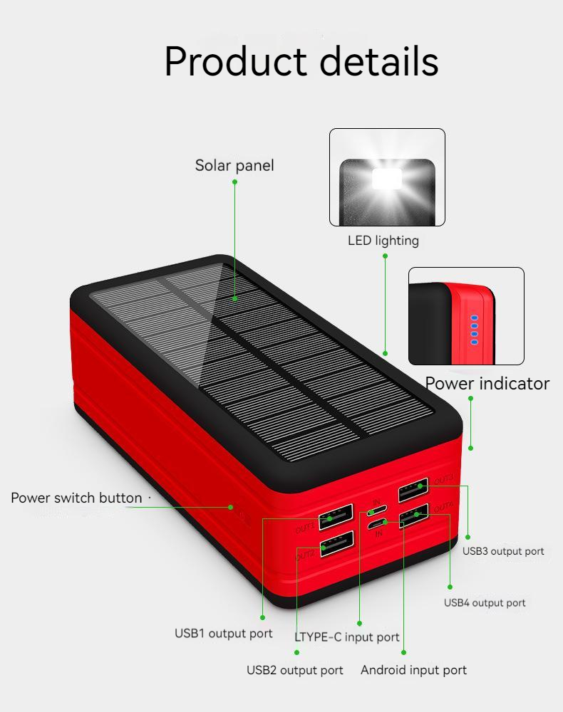 100000mAh outdoor solar power bank charging case External Smart Battery Pack led light 4 USB Charger Three prevention Power lamp