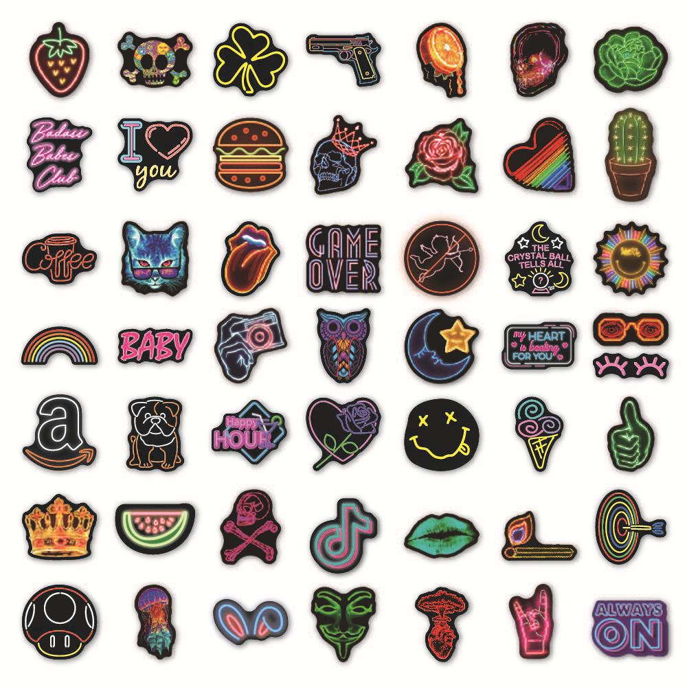50pcs/lot Waterproof Neon Light Stickers Car Decals Suitable for Graffiti Skateboard Snowboard Laptop Luggage Motorcycle Gifts for Kids