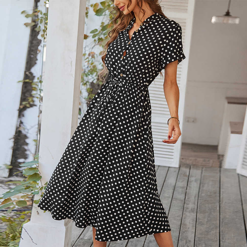 Casual Dresses Ladies Polka Dot Print Shirt Dress Women Casual Midi Holiday Summer Dress Female Loose Women Beach Dress Sundress Robe Vestidos W0315