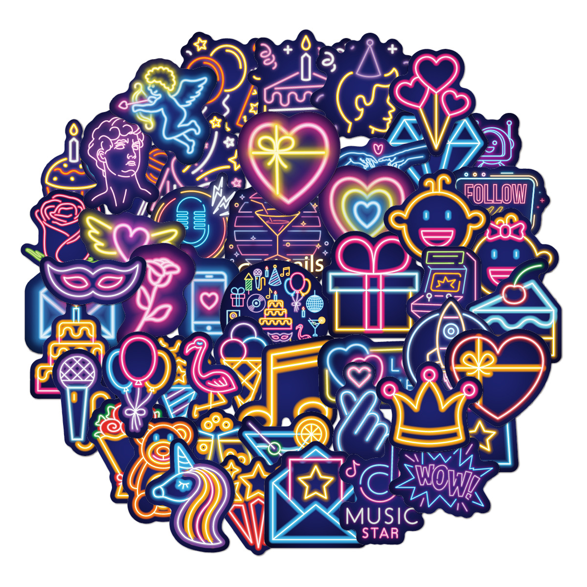 50pcs Neon Light Stickers Waterproof Car Decals Suitable for Graffiti Skateboard Snowboard Laptop Luggage Motorcycle Bike Home Decal Gifts for Kids