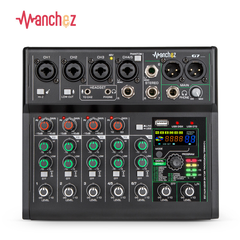 Manchez G7 Mini mélangeur de carte son à 7 canaux, Console USB, DJ karaoké, Smartphone, enregistrement sur ordinateur professionnel, diffusion en