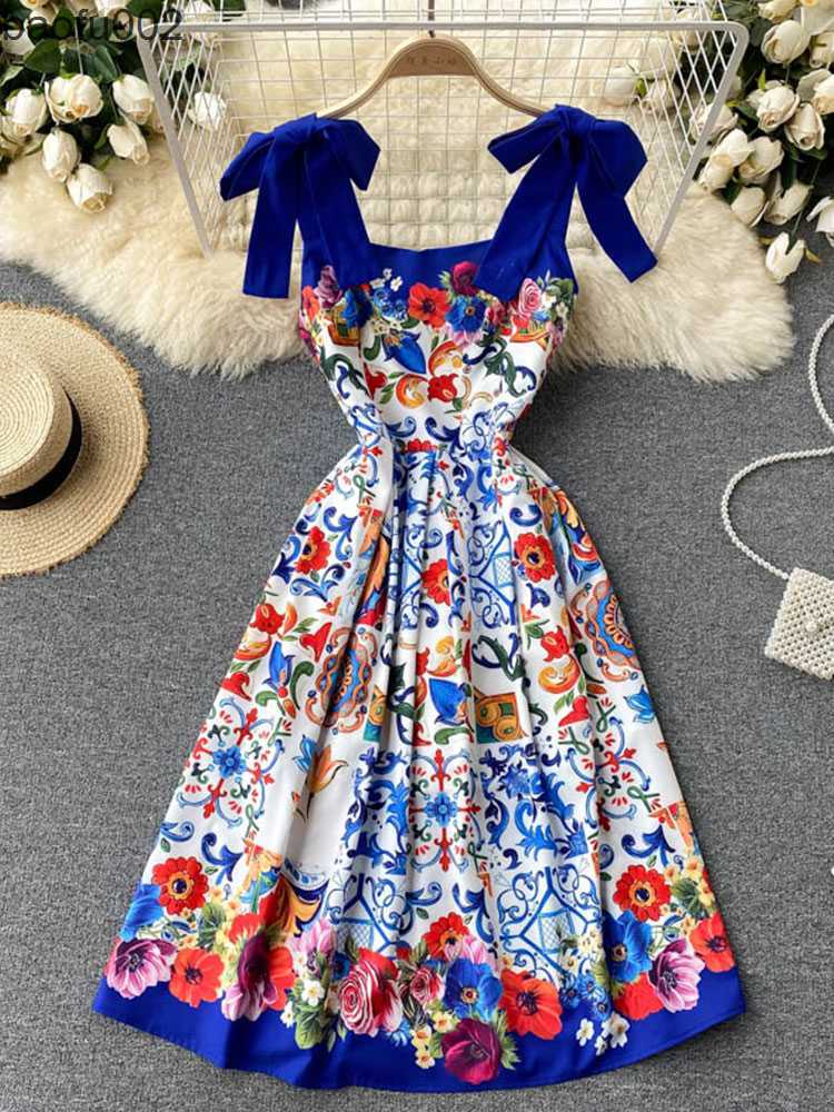 Casual Dresses Summer Vacation Beach Dress 2022 Runway Design Women's Spaghetti Strap Sexy Backless Flower Print Slim Dresses Vestidos M67386 W0315