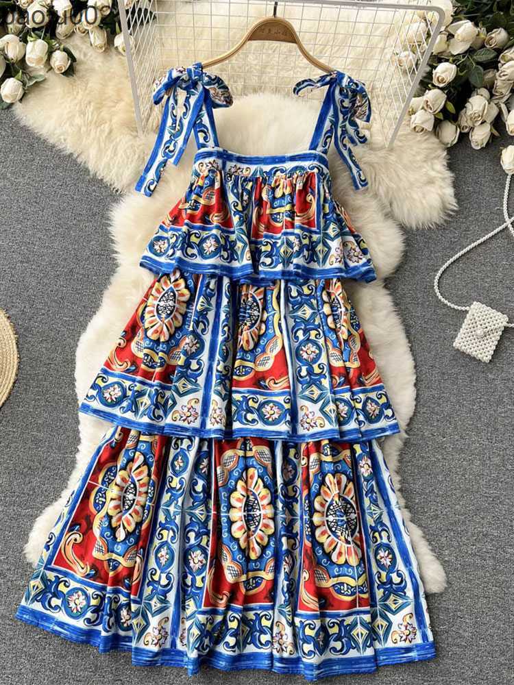 Casual Dresses 2022 Runway Designer Cake Dress Women's Sexy Bow Tie Slip Backless Cascading Ruffled Boho Flower Print Party Dresses Robe M56206 W0315