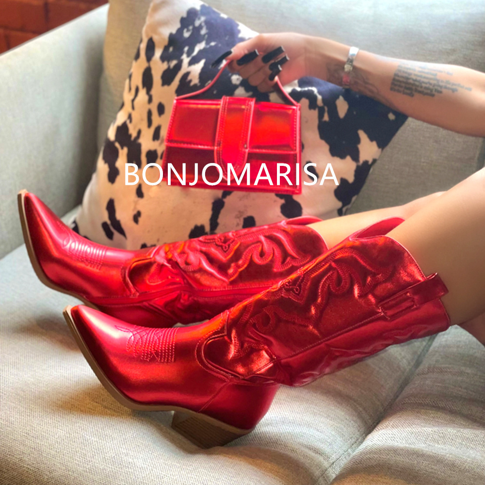 Metallic Cowboy boots woman Western Boots For Women Zip Embroidered Pointed Toe Heeled Winter Shoes Pink Red Gold Metalic 230314 4 - view 4