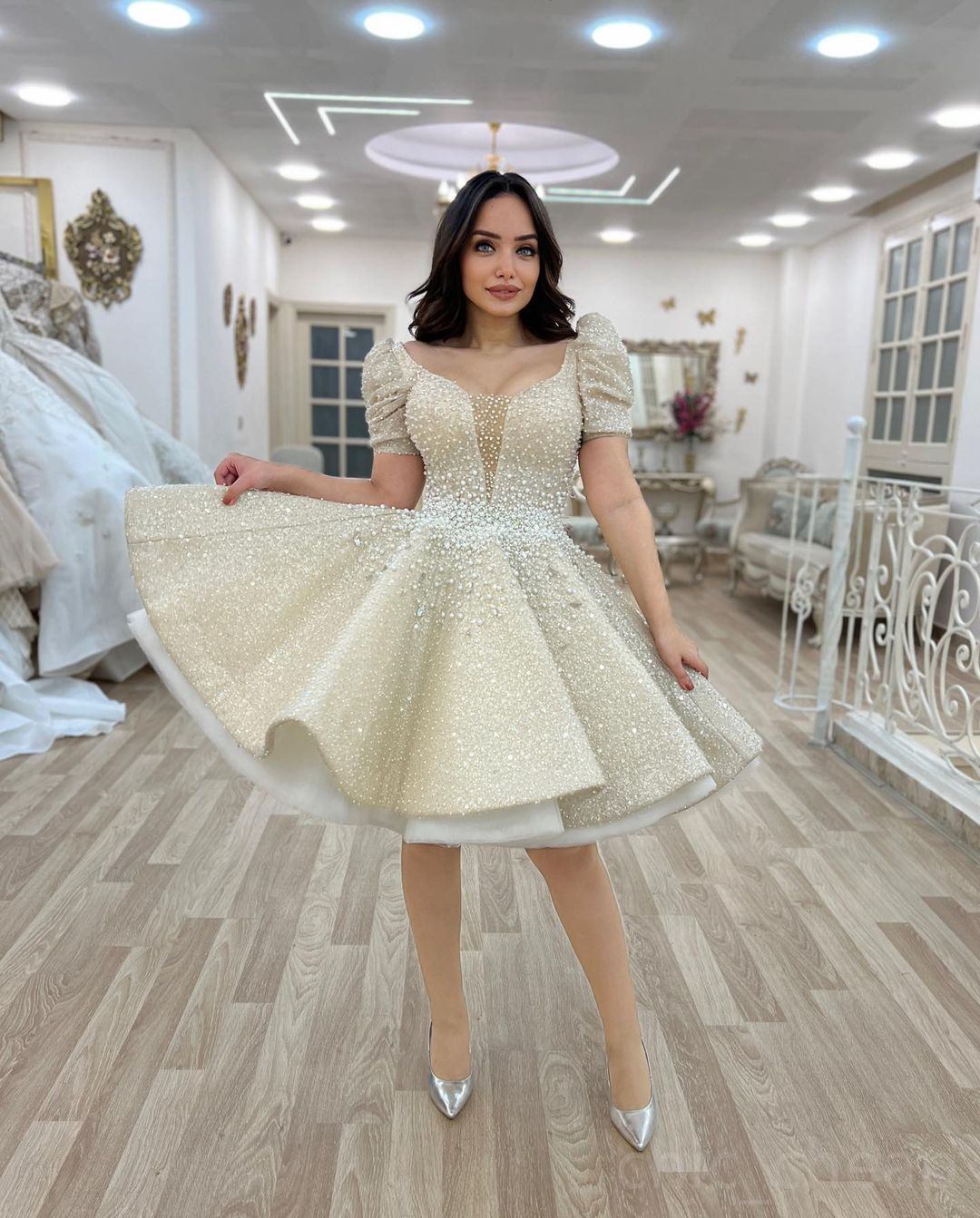 Beaded Crystal Wedding Dress: 2025 Arabic Aso Ebi, Sequined Lace A-Line Short Summer Beach Bridal Gown