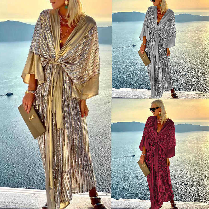 Casual Dresses 2023 Cover Up Women Bohemian Maxi Long Kimono Tunic Cape Beach Dress Fashion Vintage Sequin Sleeve Cardigan Holiday Party Gold W0315