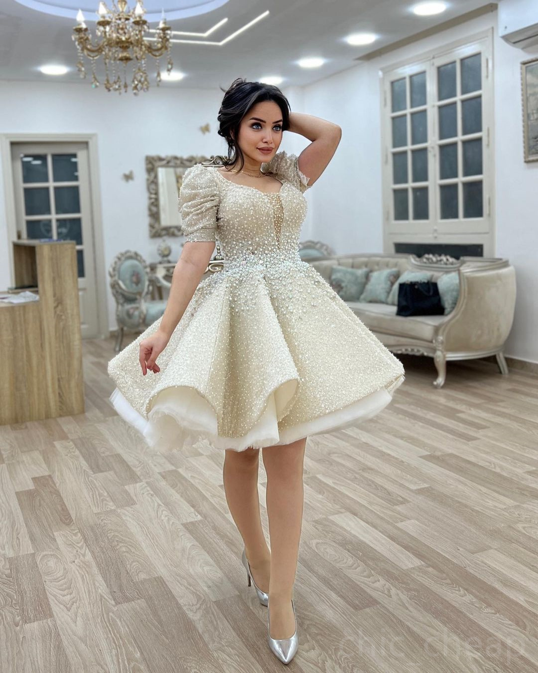 Beaded Crystal Wedding Dress: 2025 Arabic Aso Ebi, Sequined Lace A-Line Short Summer Beach Bridal Gown