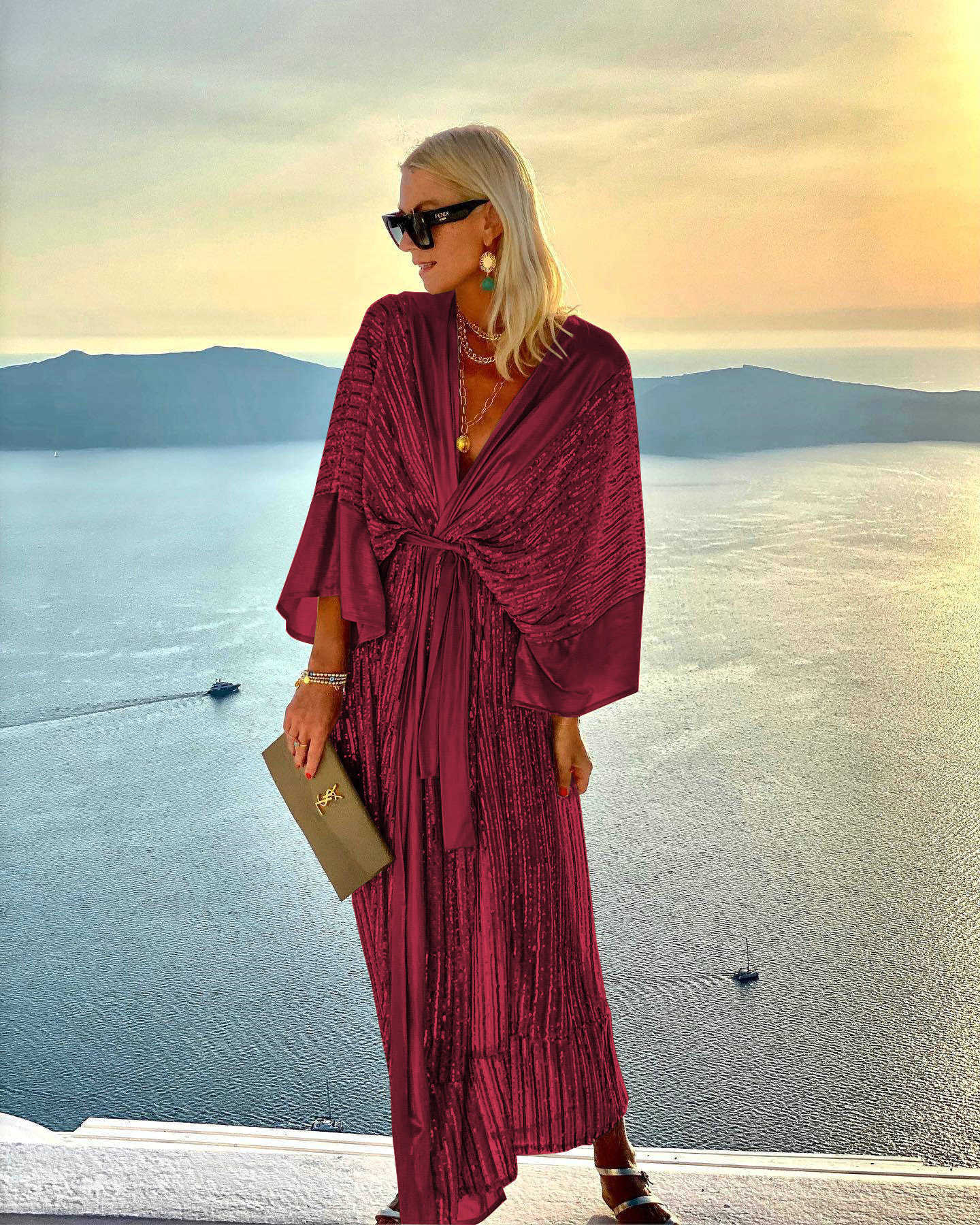 Casual Dresses 2023 Cover Up Women Bohemian Maxi Long Kimono Tunic Cape Beach Dress Fashion Vintage Sequin Sleeve Cardigan Holiday Party Gold W0315