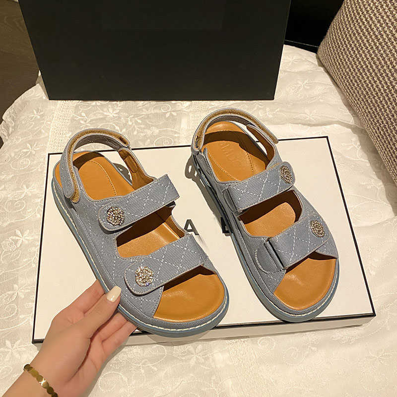 Sandals Camellia buckle denim sandals women double band flat jeans sandalias brand designer plaid sandales back hook summer shoes woman Y2303
