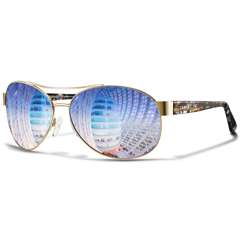 Carfia Polarized Sunglasses for Men - Wrap Around Metal Frame & Italian Acetate Arms Pilot Glasses