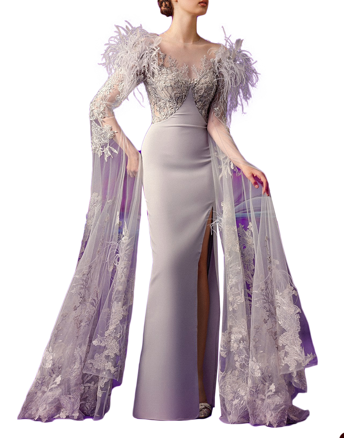 Dresses Mermaid Prom Jewel Long Sleeves Feathers Applicants Or Length Side Split Plus Size Custom Made Party Dress Vestido De Noite